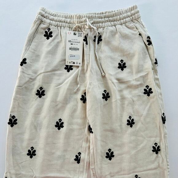 ZARA Embroidered Wide Leg Linen Blend Pant Cream Black NEW Size XS - Picture 4 of 5